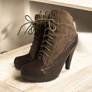 Women's DbDk Brown‎ Heel Boots Size 8 Canvas And Vegan Leather  Booties